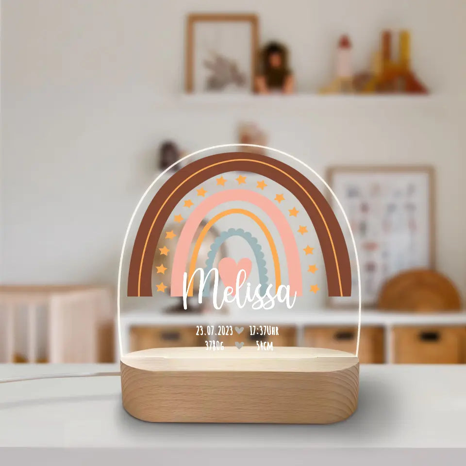 LED Nachtlicht für Kinder zur Geburt - Personalisiertes Acrylglas mit Holzständer
