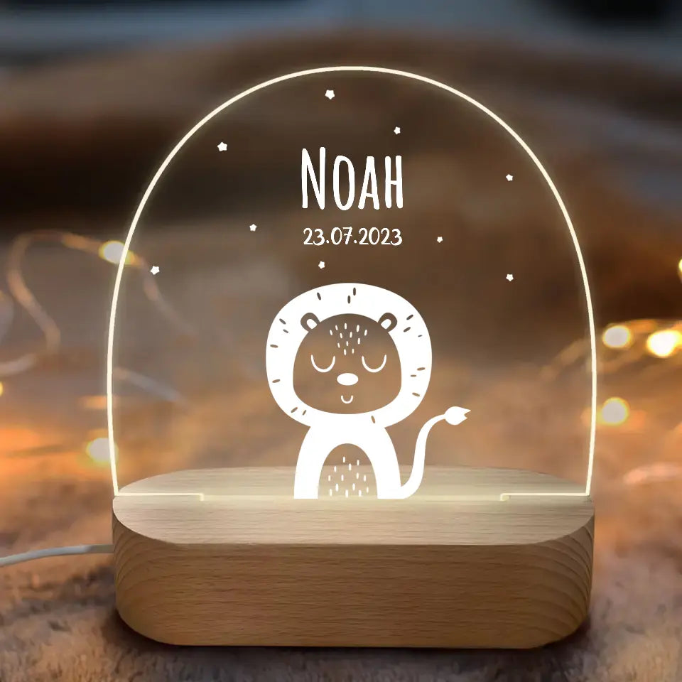 LED Nachtlicht für Kinder - Schwarz-Weiß Tiere - Personalisiertes Acrylglas mit Holzständer