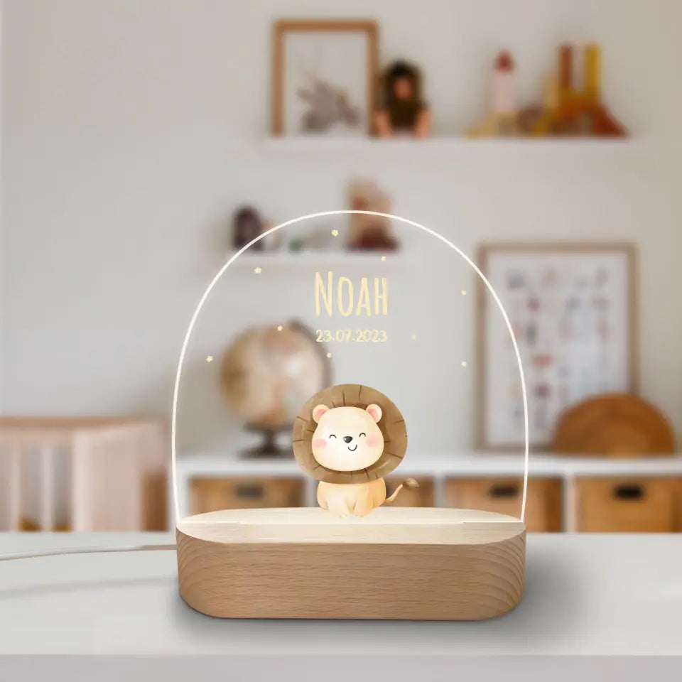 LED Nachtlicht für Kinder - Süße Tiere - Personalisiertes Acrylglas mit Holzständer