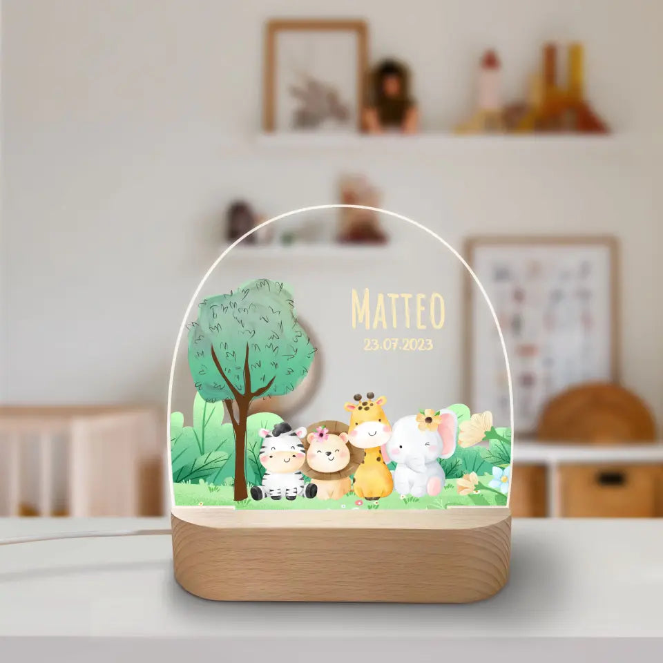 LED Nachtlicht für Kinder - Tier Freunde - Personalisiertes Acrylglas mit Holzständer